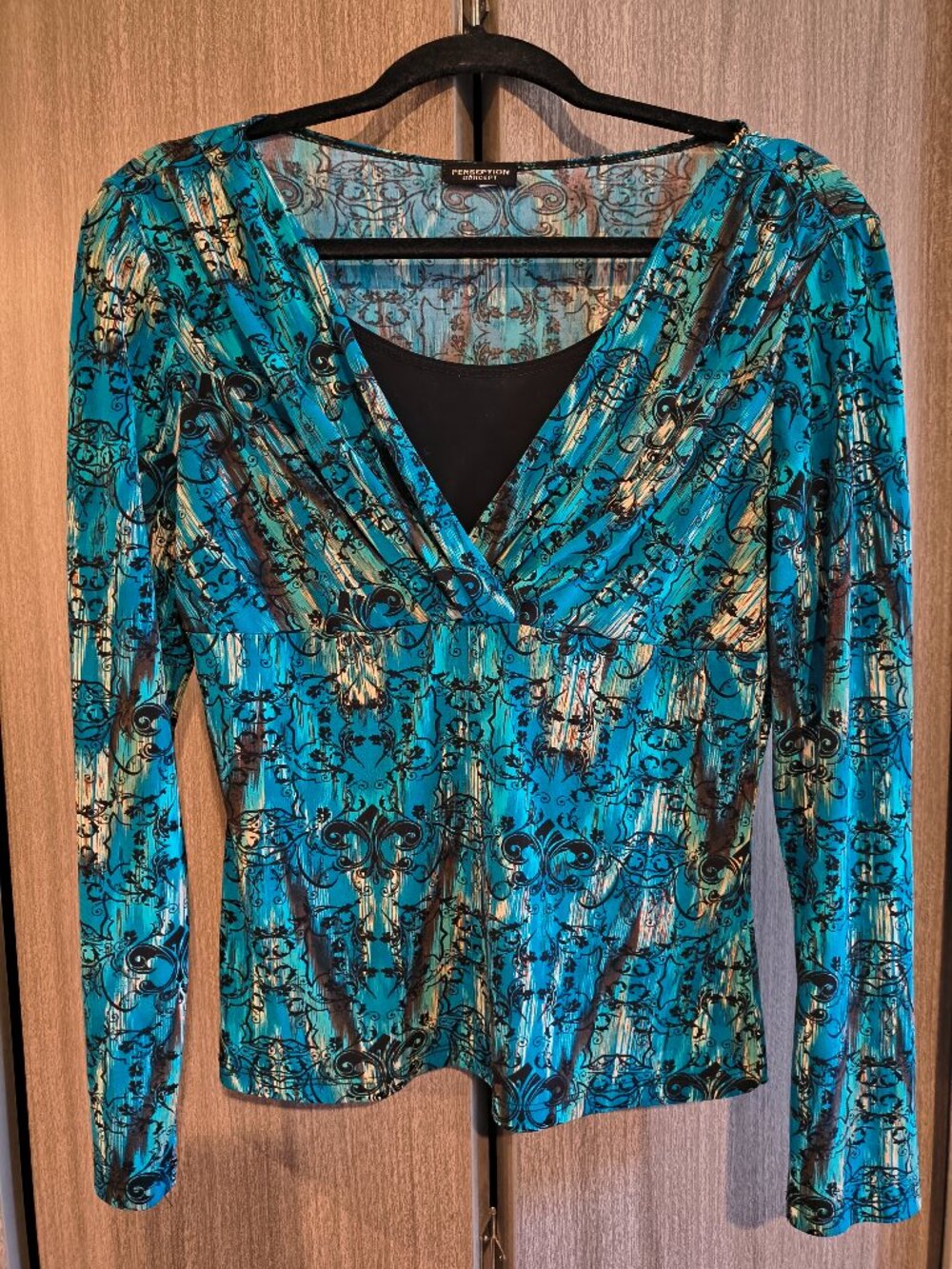 Perception Concept Blue Multi Patterend Long Sleeve V-Neck Blouse Party Office - Picture 6 of 8